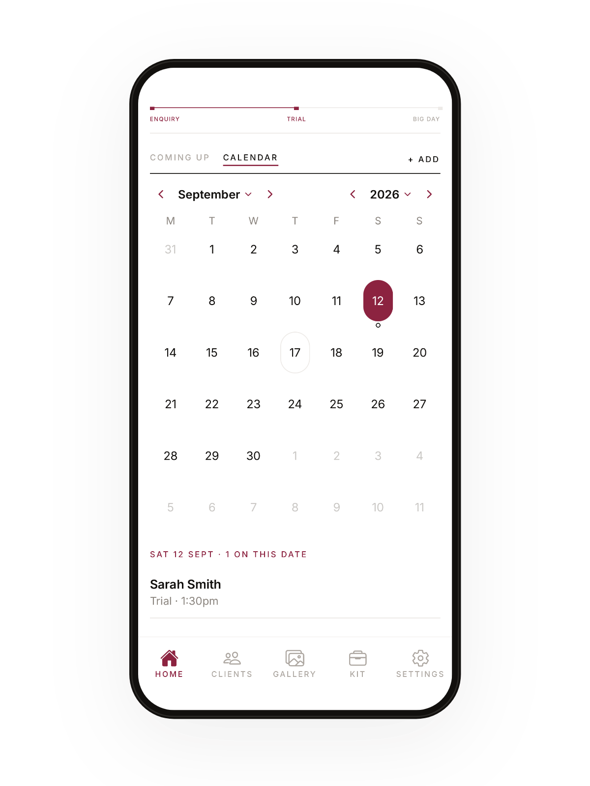 A month calendar in Artist Archive with marks on the booked days.