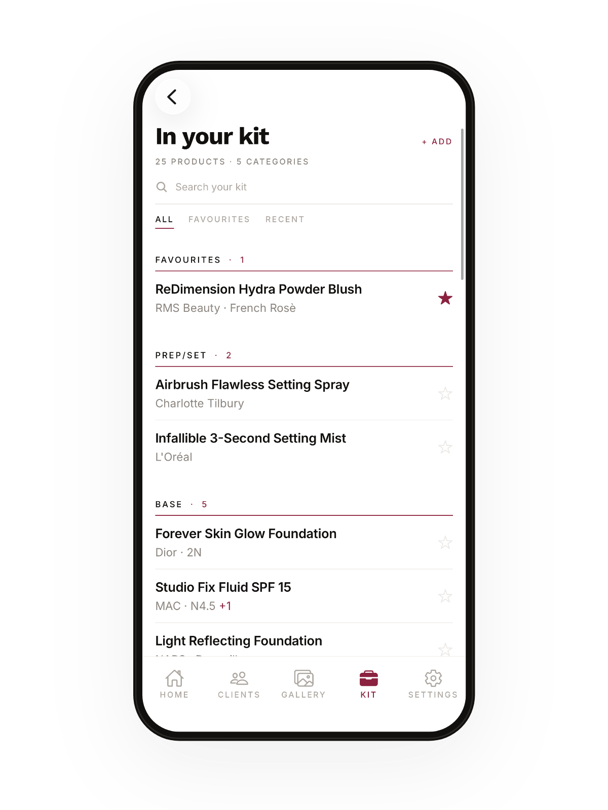 The In your kit screen, listing products by category with favourites starred.
